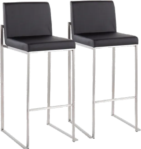 Fuji High Back Stainless & Black Faux Leather Barstools, Set of 2