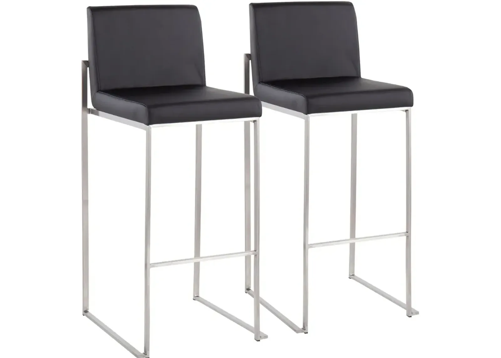 Fuji High Back Stainless & Black Faux Leather Barstools, Set of 2