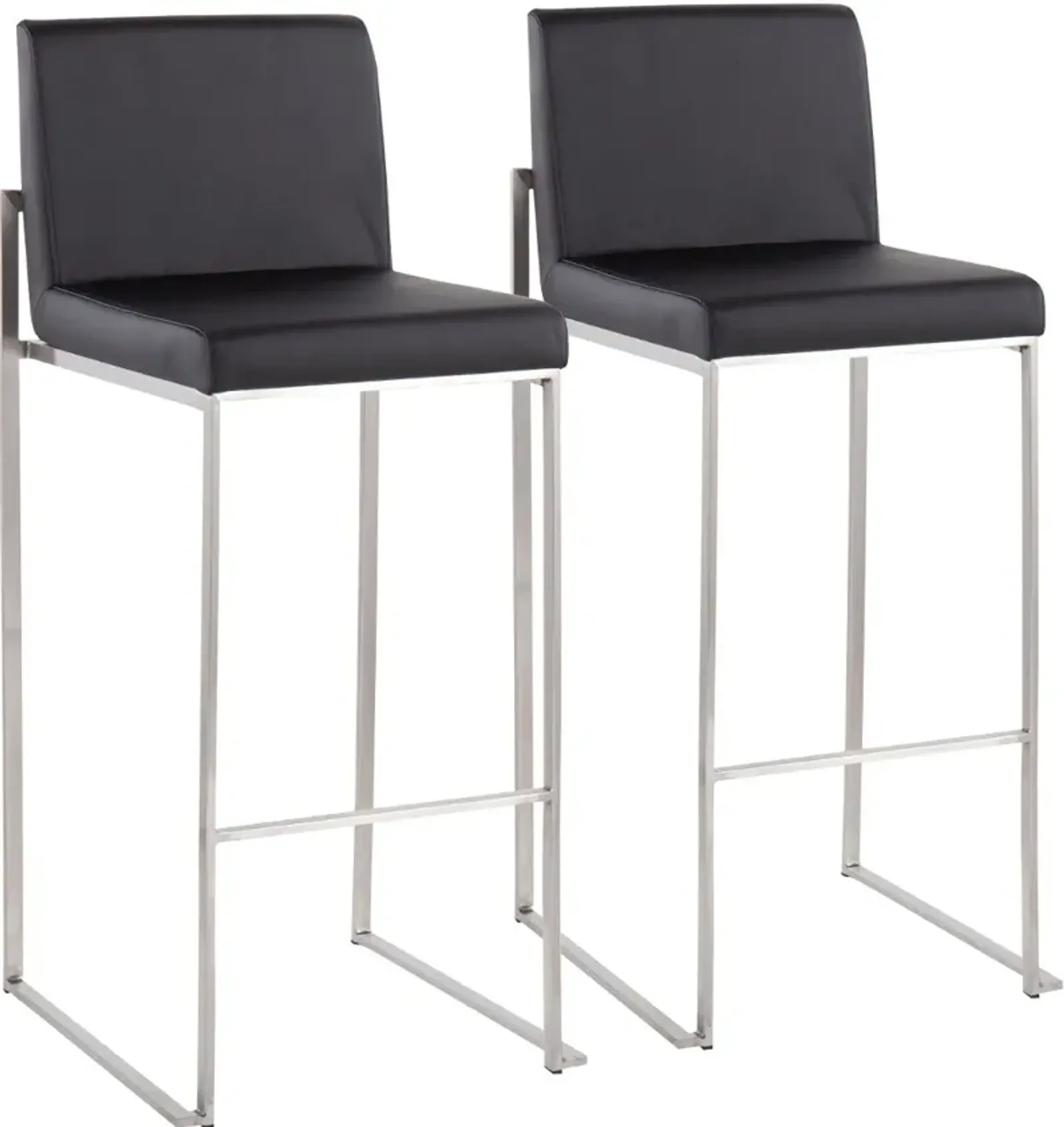 Fuji High Back Stainless & Black Faux Leather Barstools, Set of 2