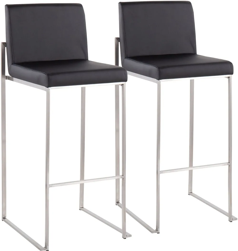 Fuji High Back Stainless & Black Faux Leather Barstools, Set of 2