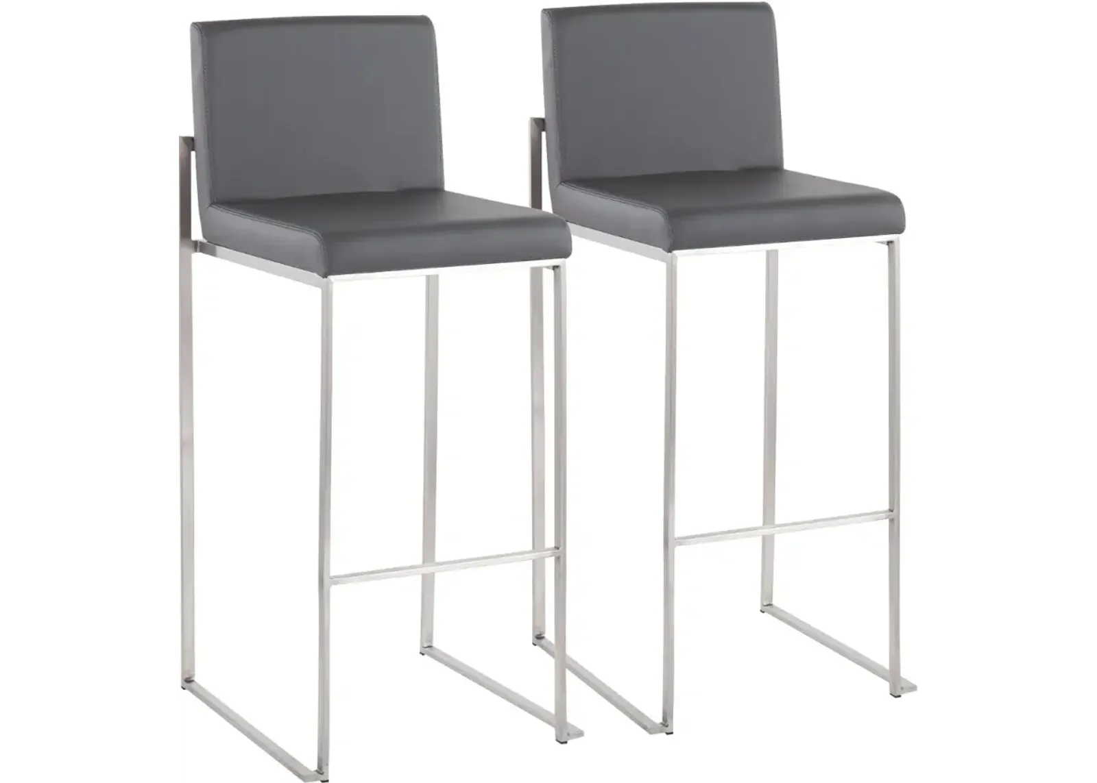 Fuji High Back Stainless & Gray Faux Leather Barstools, Set of 2