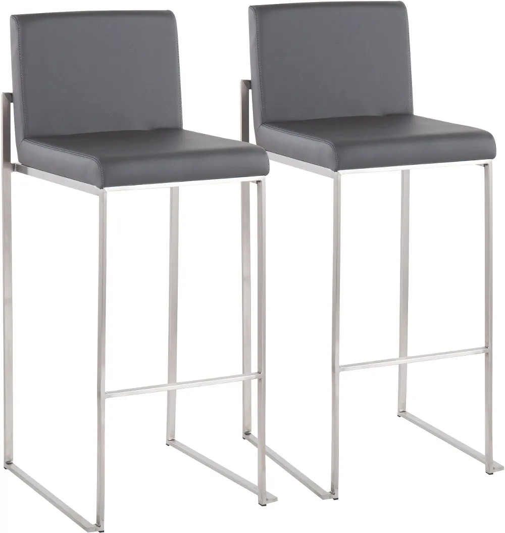 Fuji High Back Stainless & Gray Faux Leather Barstools, Set of 2