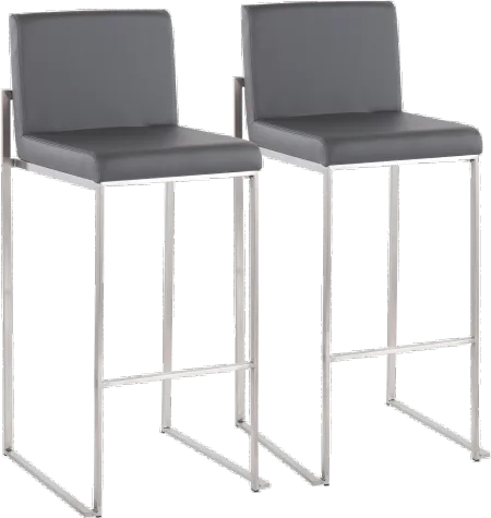 Fuji High Back Stainless & Gray Faux Leather Barstools, Set of 2