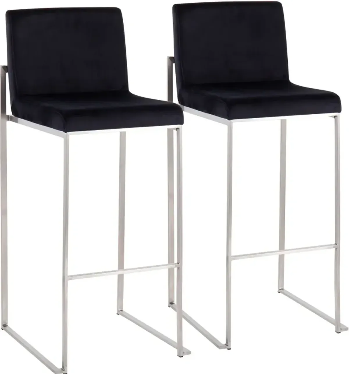 Fuji High Back Stainless & Black Velvet Barstools, Set of 2