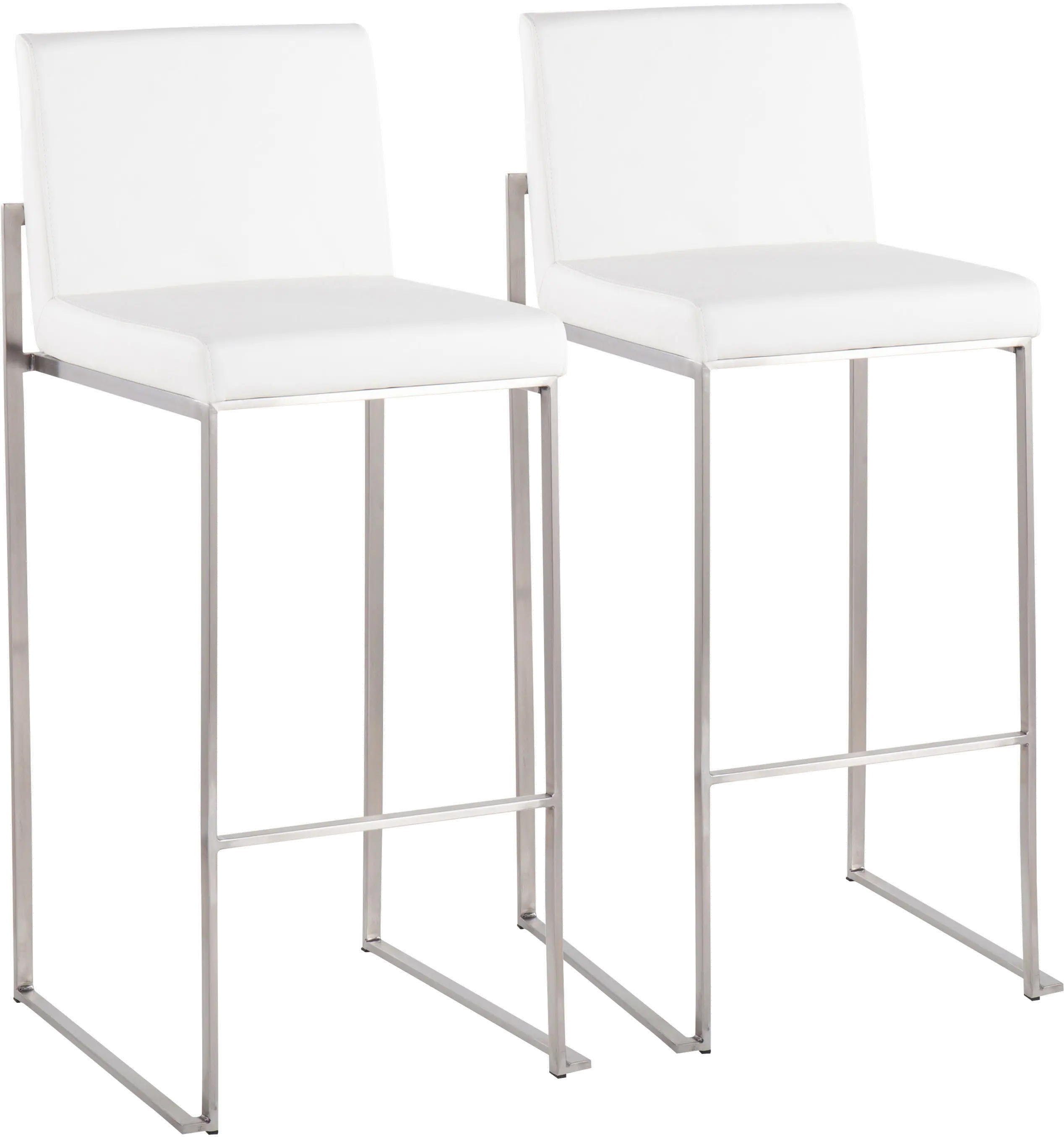 Fuji High Back Stainless & White Faux Leather Barstools, Set of 2