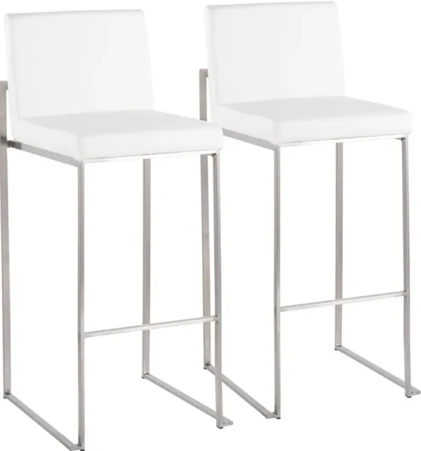 Fuji High Back Stainless & White Faux Leather Barstools, Set of 2