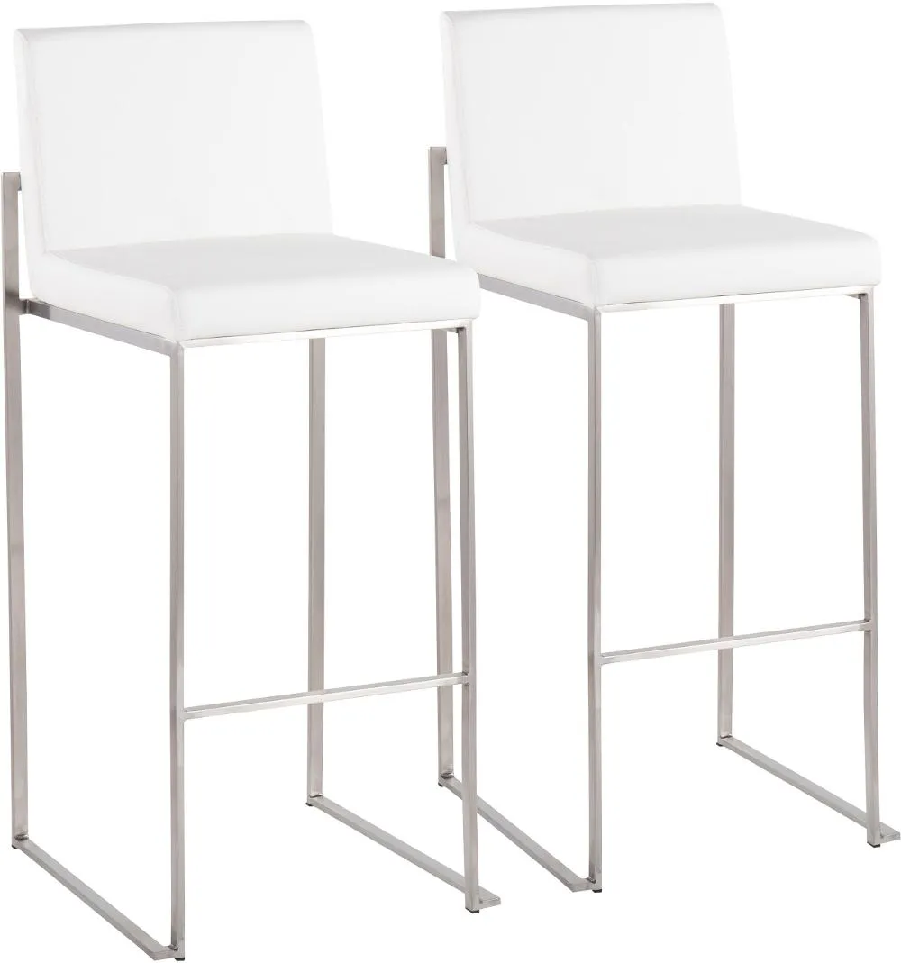 Fuji High Back Stainless & White Faux Leather Barstools, Set of 2