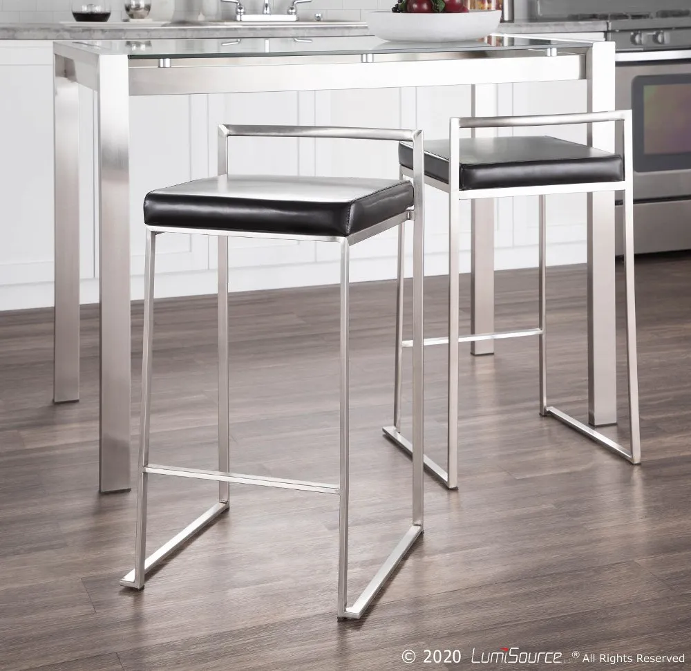 Fuji Low Back Stainless & Black Faux Leather Counter Stools, Set of 2