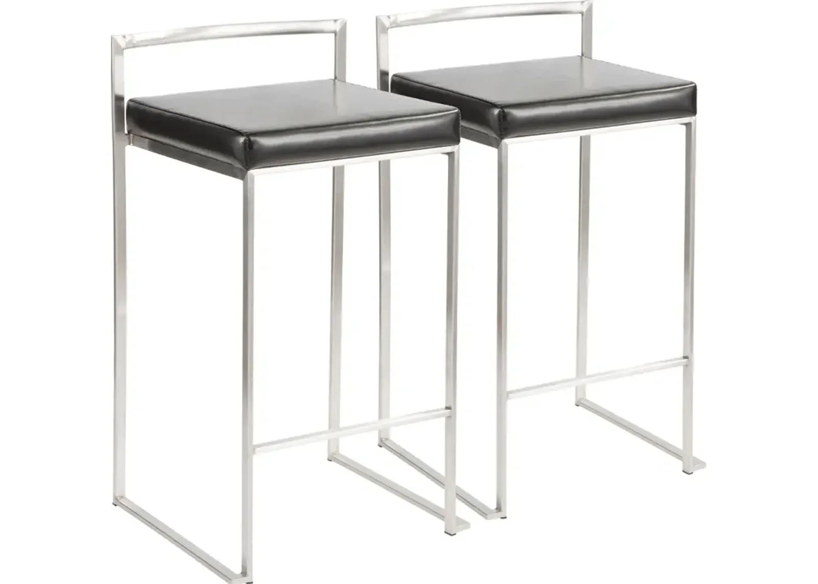 Fuji Low Back Stainless & Black Faux Leather Counter Stools, Set of 2