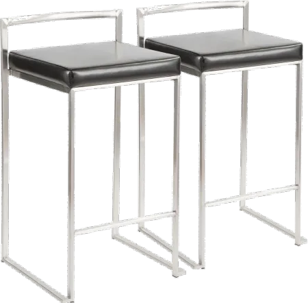 Fuji Low Back Stainless & Black Faux Leather Counter Stools, Set of 2