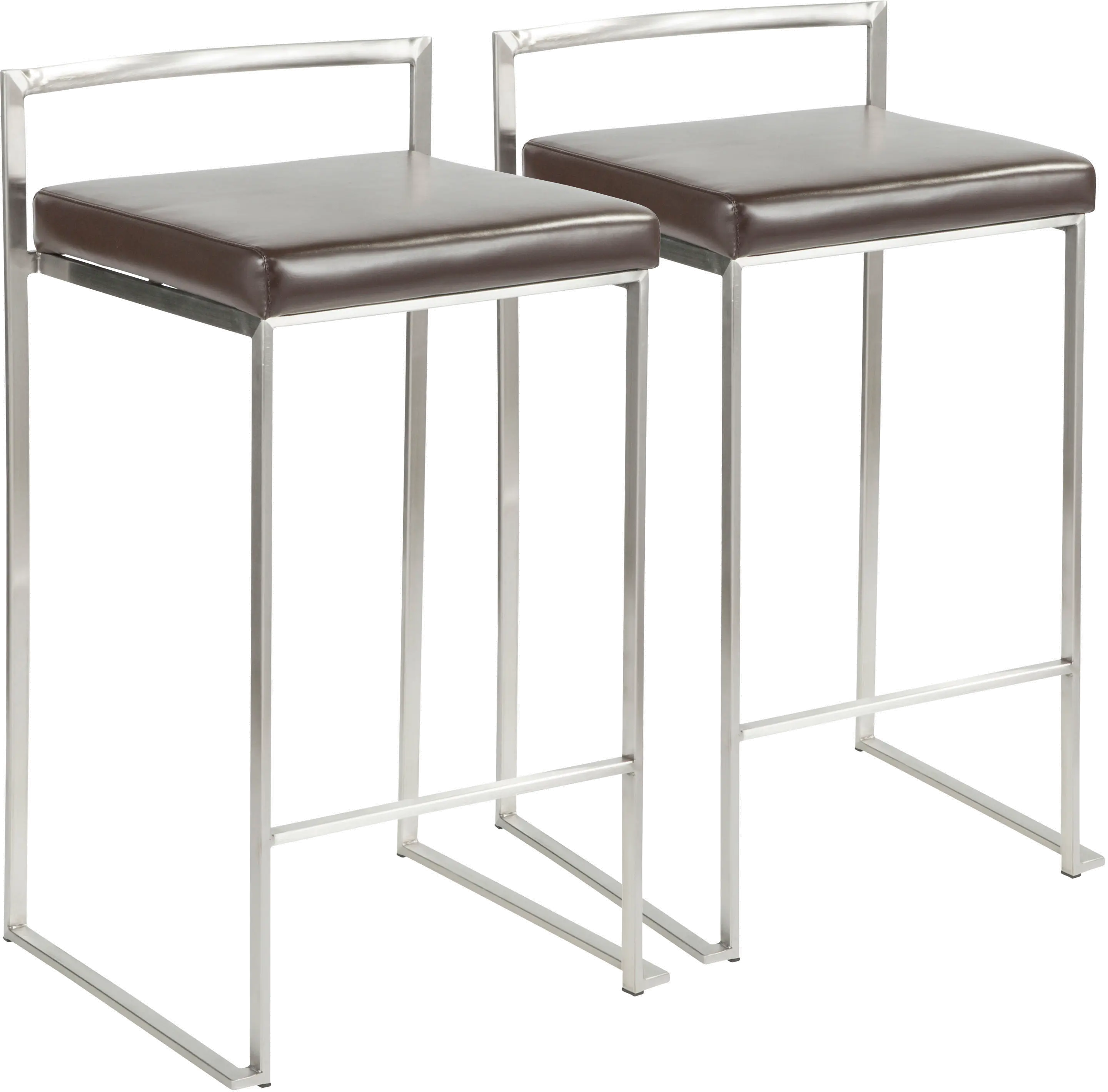 Fuji Low Back Stainless & Brown Faux Leather Counter Stools, Set of 2