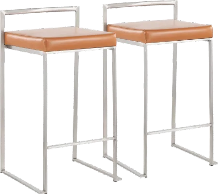Fuji Low Back Stainless & Camel Faux Leather Counter Stools, Set of 2