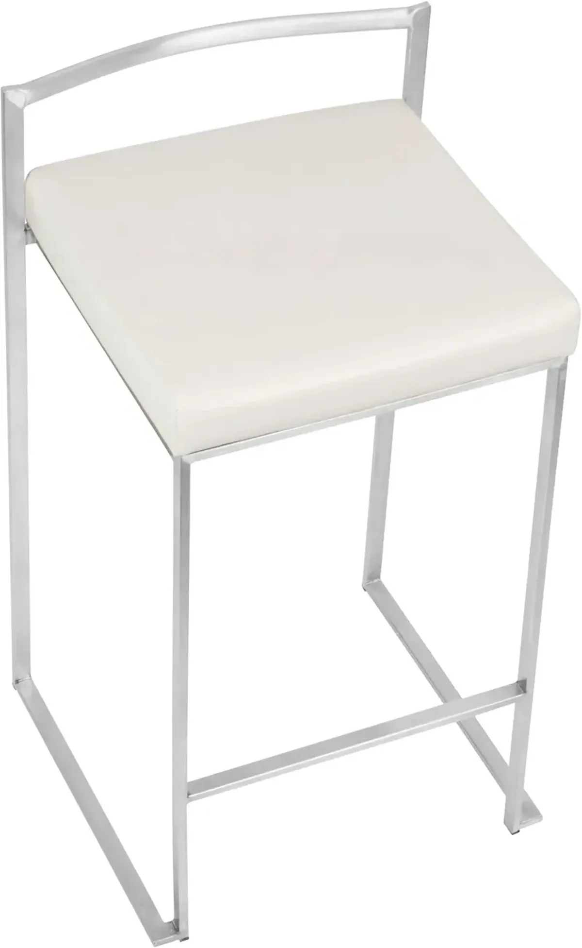 Fuji Low Back Stainless & White Faux Leather Counter Stools, Set of 2