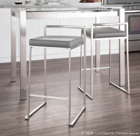 Fuji Low Back Stainless & Gray Faux Leather Counter Stools, Set of 2