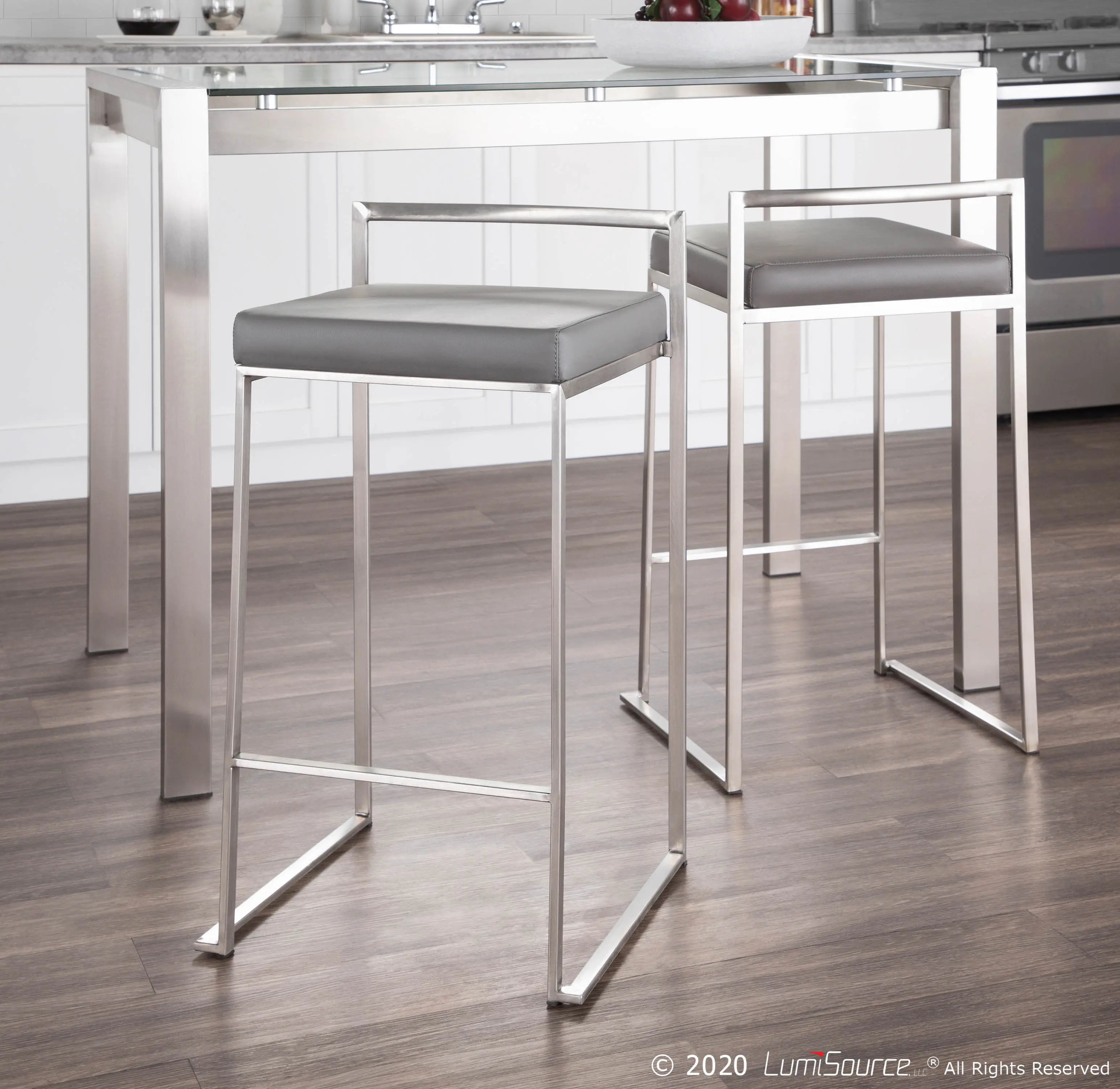 Fuji Low Back Stainless & Gray Faux Leather Counter Stools, Set of 2