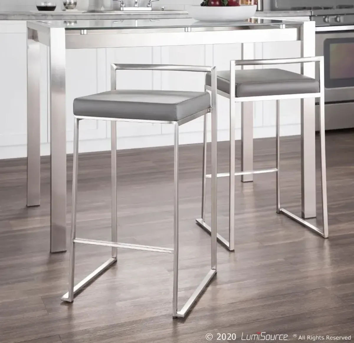 Fuji Low Back Stainless & Gray Faux Leather Counter Stools, Set of 2