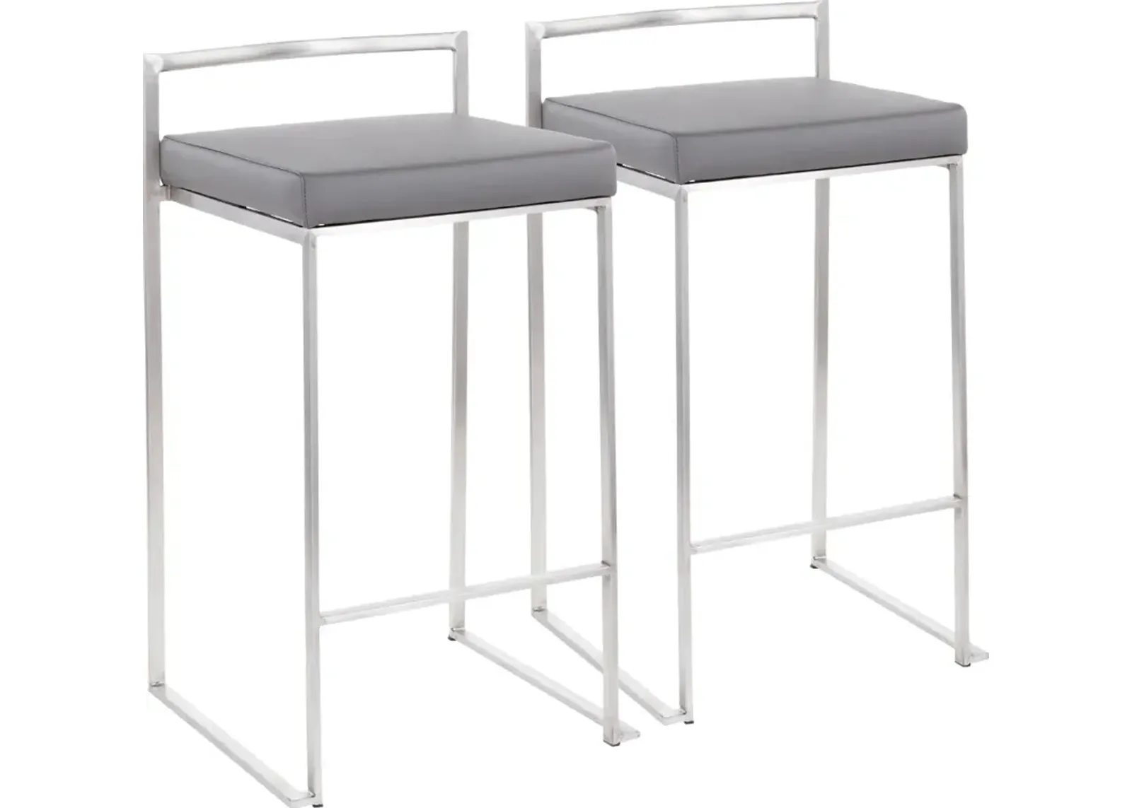 Fuji Low Back Stainless & Gray Faux Leather Counter Stools, Set of 2