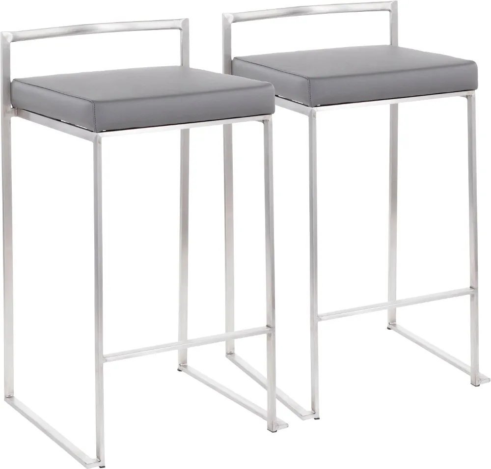 Fuji Low Back Stainless & Gray Faux Leather Counter Stools, Set of 2