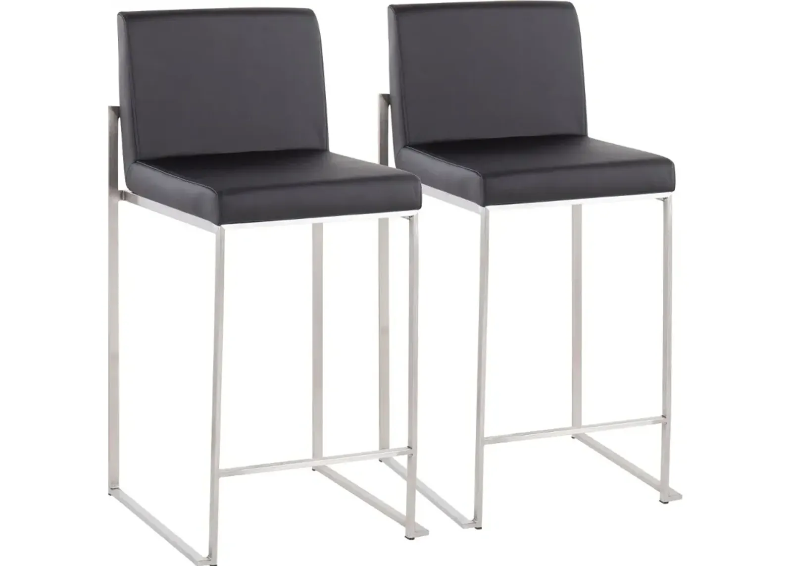 Fuji High Back Stainless & Black Faux Leather Counter Stools, Set of 2