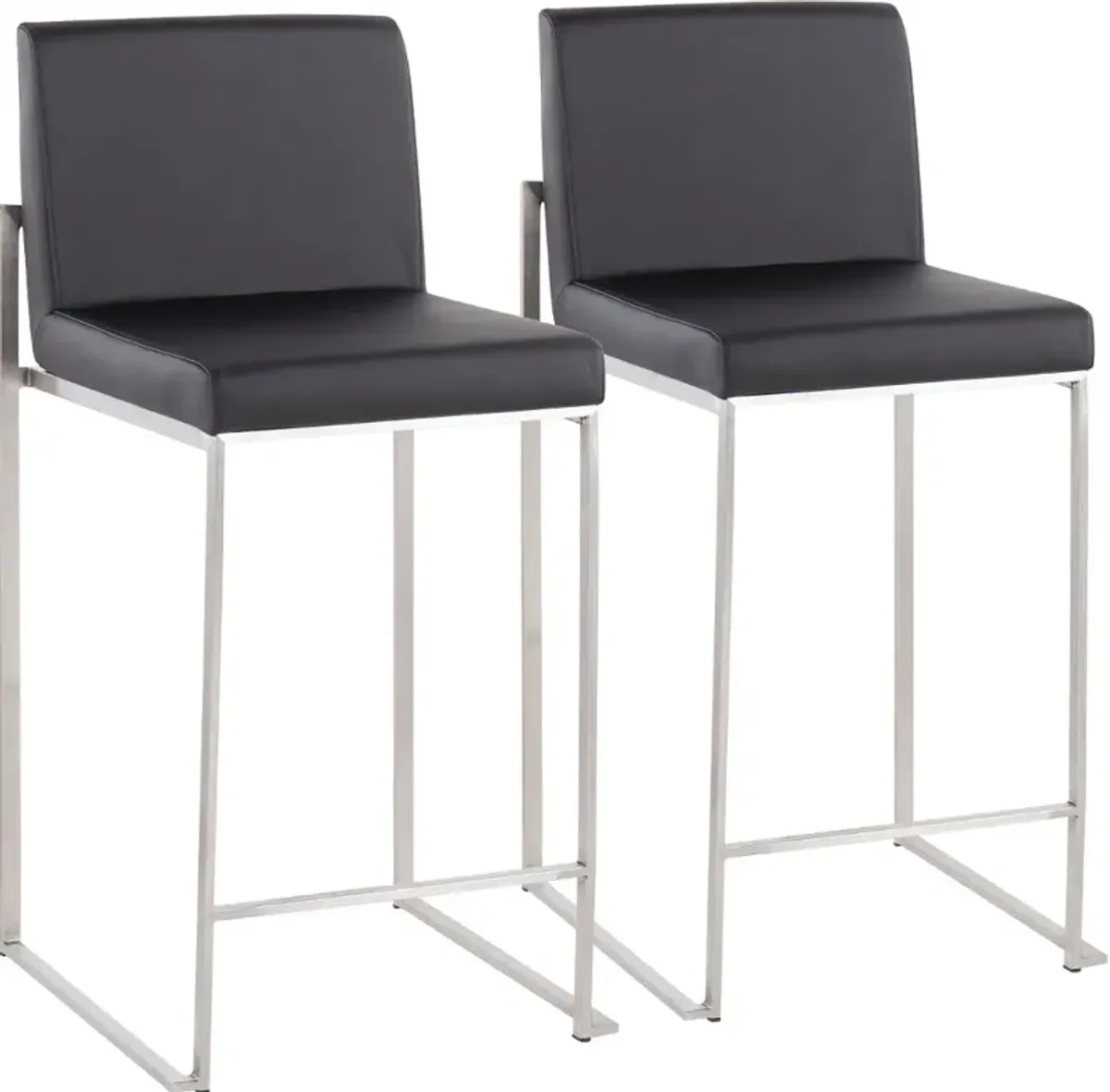 Fuji High Back Stainless & Black Faux Leather Counter Stools, Set of 2