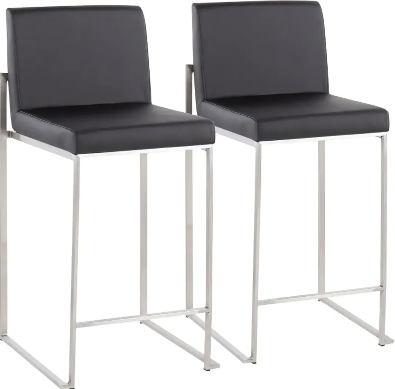 Fuji High Back Stainless & Black Faux Leather Counter Stools, Set of 2