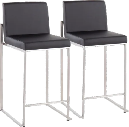 Fuji High Back Stainless & Black Faux Leather Counter Stools, Set of 2