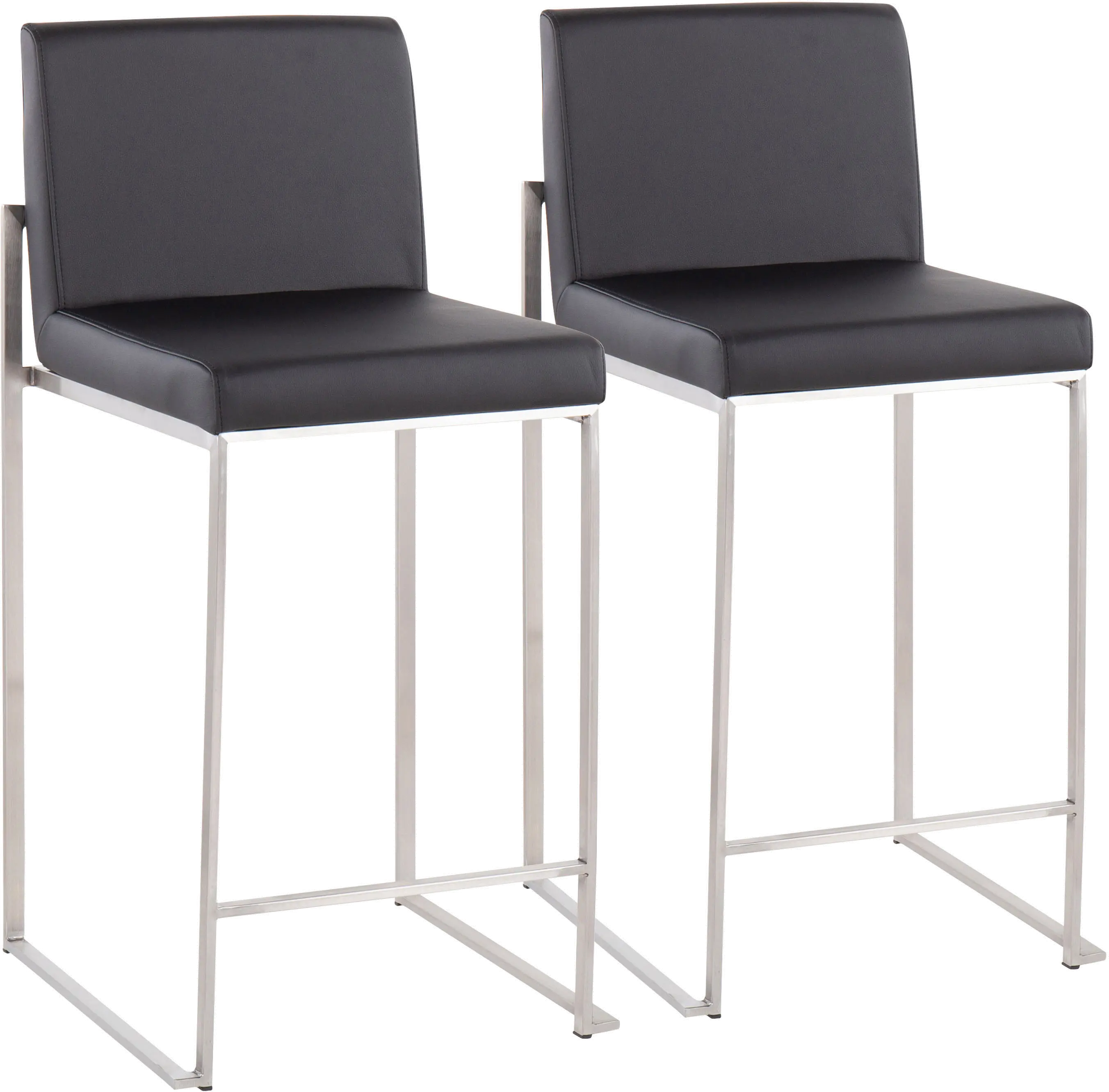Fuji High Back Stainless & Black Faux Leather Counter Stools, Set of 2