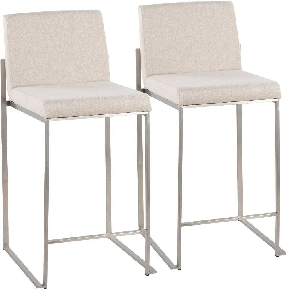 Fuji High Back Stainless & Beige Counter Stools, Set of 2