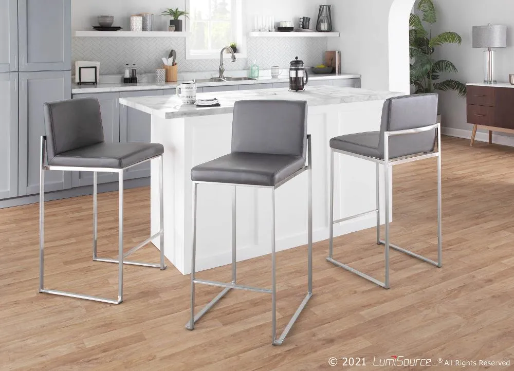 Fuji High Back Stainless & Gray Faux Leather Counter Stools, Set of 2