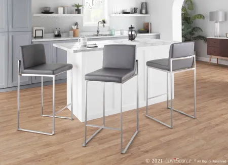 Fuji High Back Stainless & Gray Faux Leather Counter Stools, Set of 2