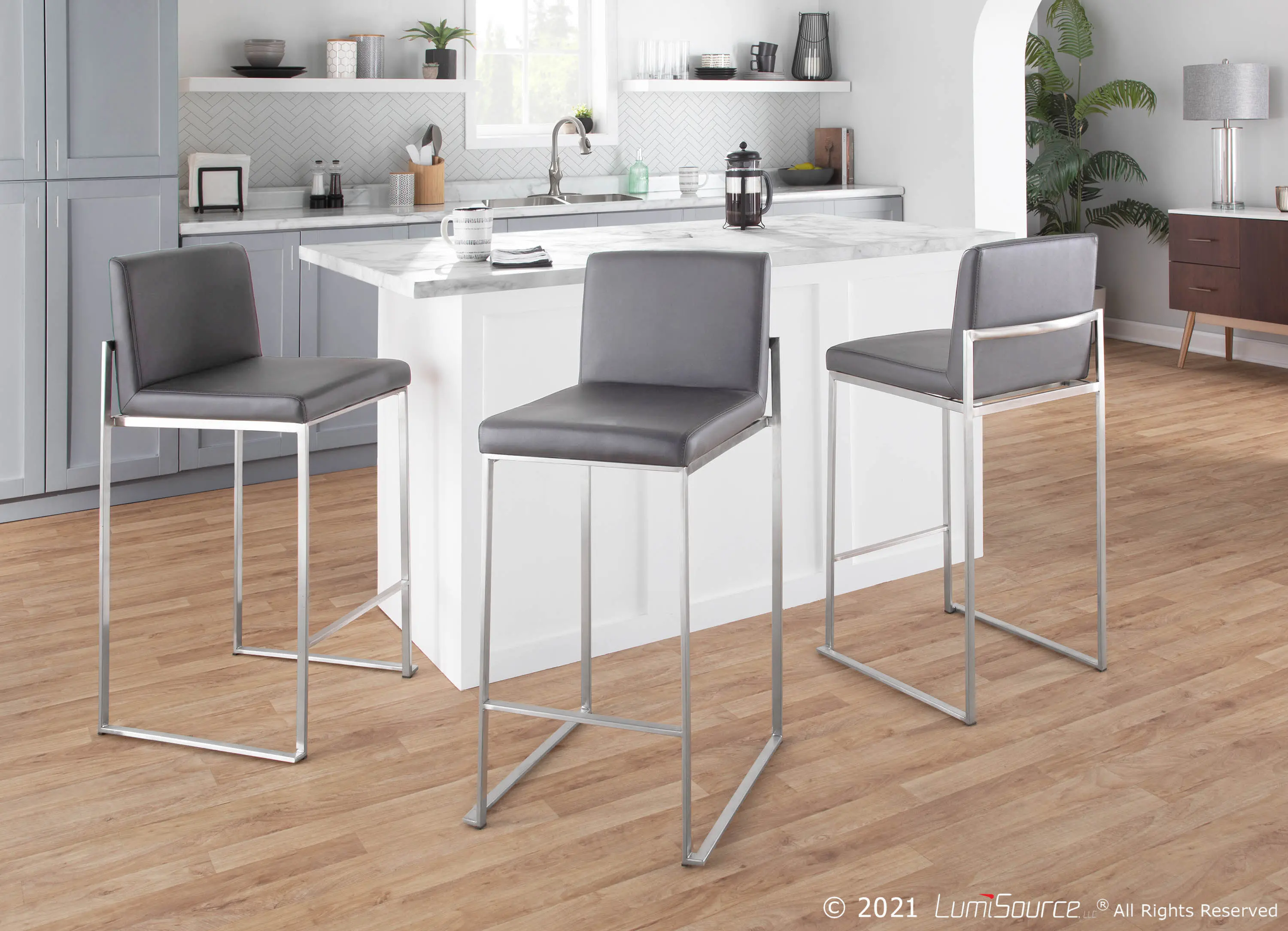 Fuji High Back Stainless & Gray Faux Leather Counter Stools, Set of 2