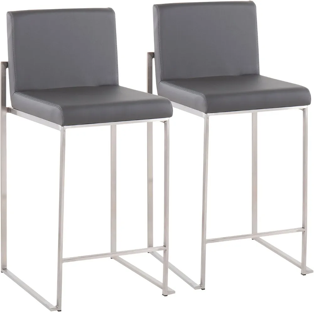 Fuji High Back Stainless & Gray Faux Leather Counter Stools, Set of 2