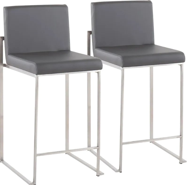 Fuji High Back Stainless & Gray Faux Leather Counter Stools, Set of 2