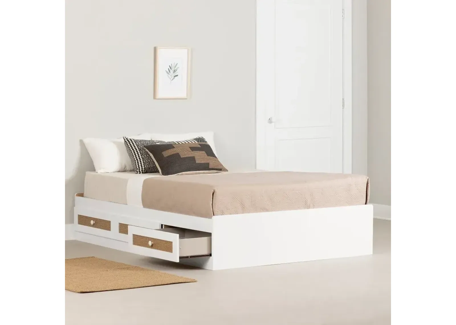 Bloom White & Printed Rattan Full Storage Platform Bed - South Shore