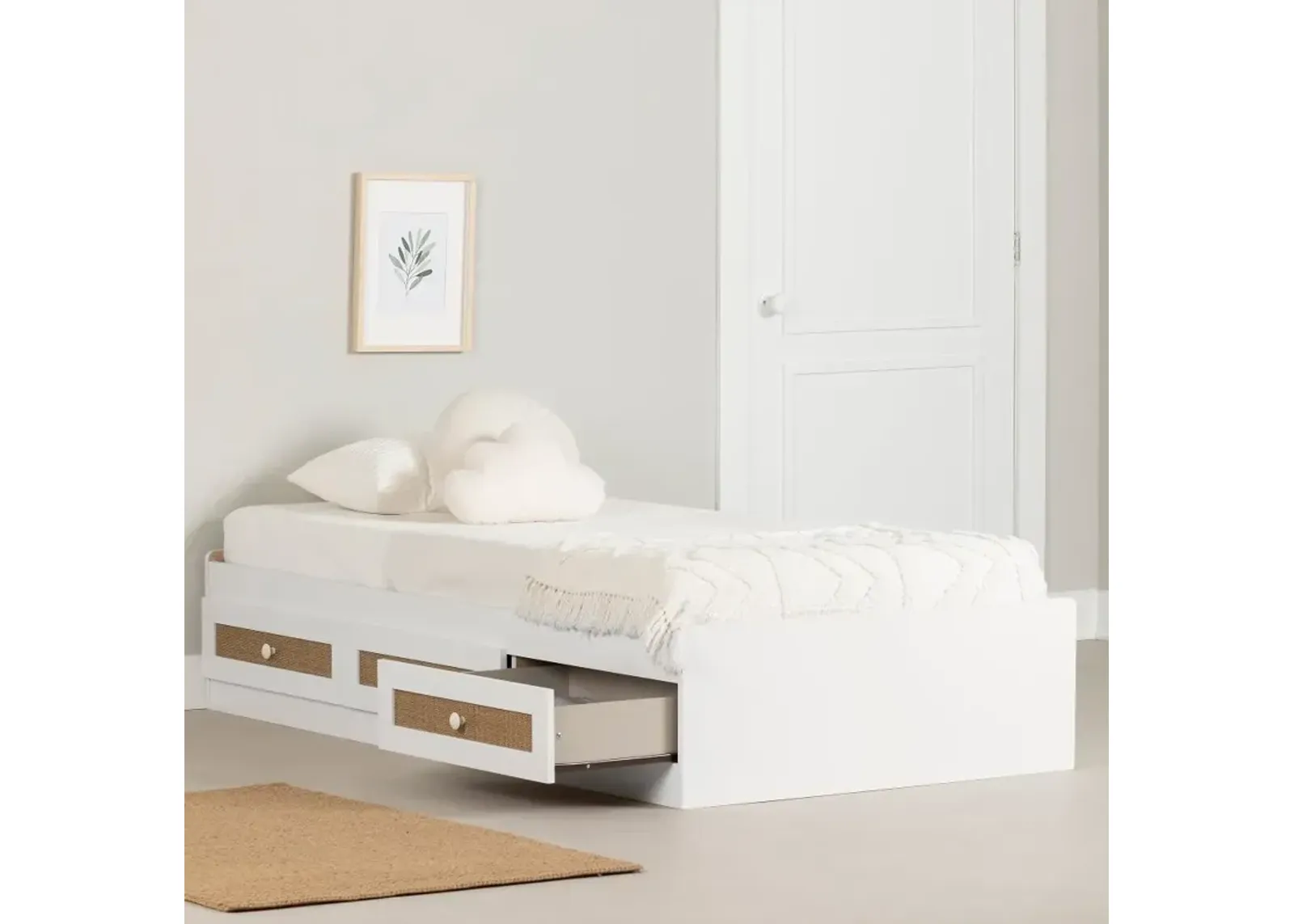 Bloom White & Printed Rattan Twin Storage Platform Bed - South Shore