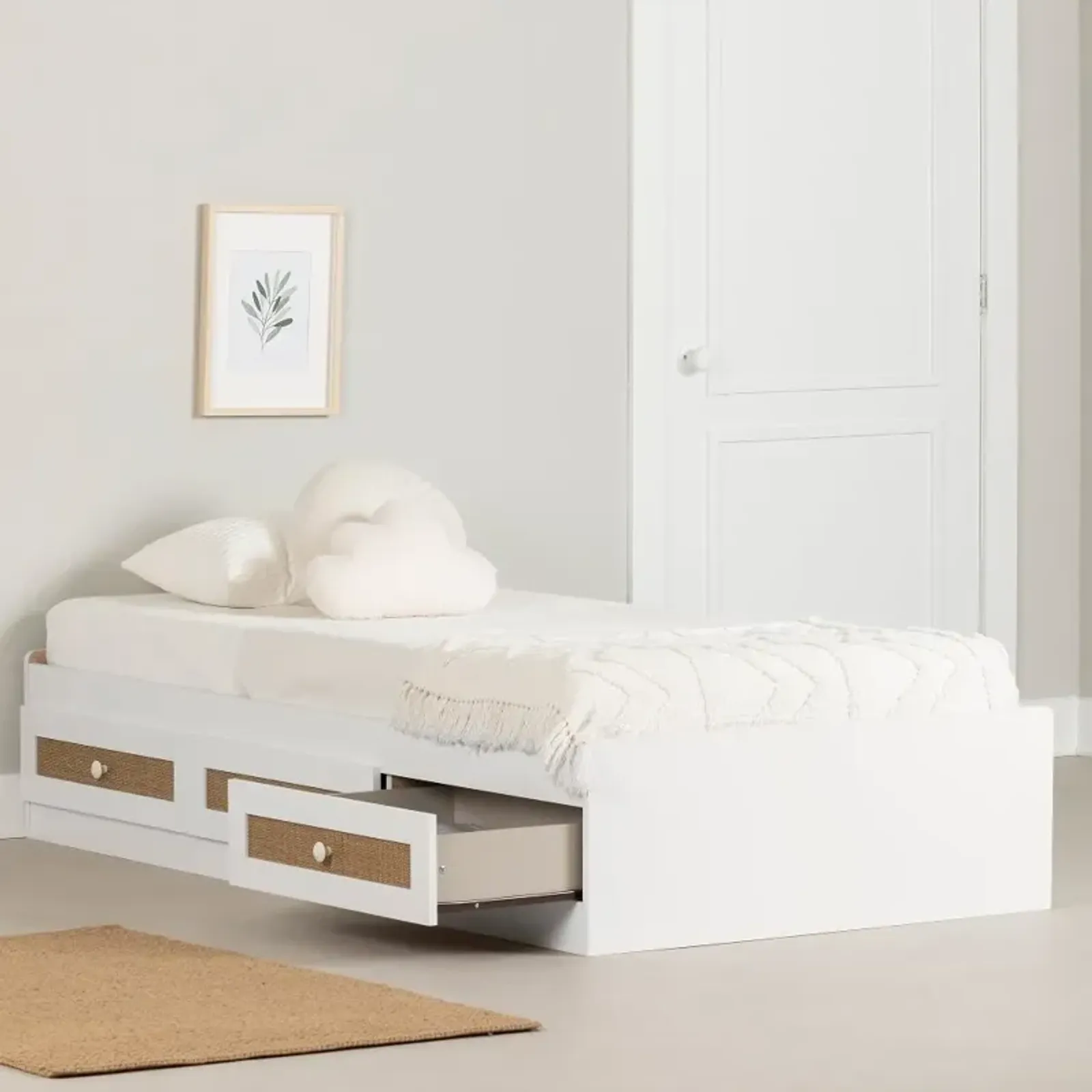 Bloom White & Printed Rattan Twin Storage Platform Bed - South Shore