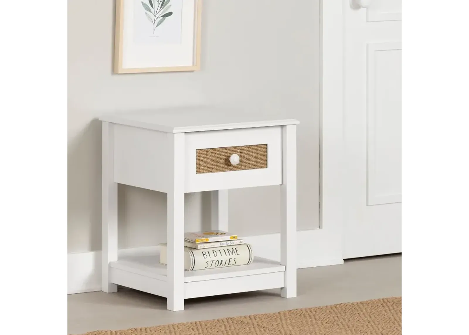 Bloom White & Printed Rattan 1-Drawer Nightstand - South Shore