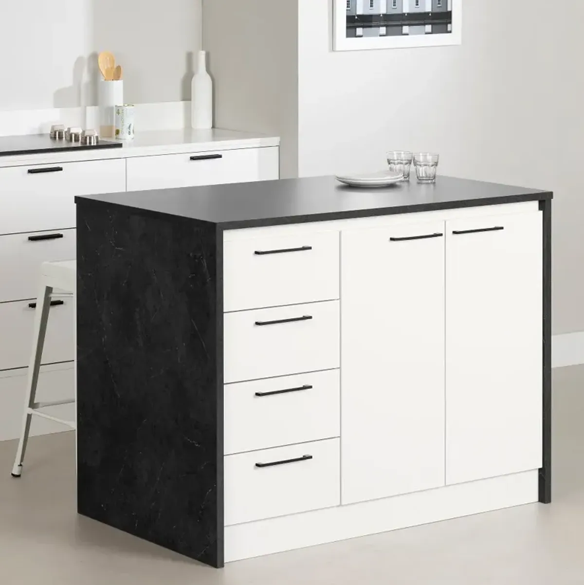 Myro Faux Black Stone and White Kitchen Island - South Shore