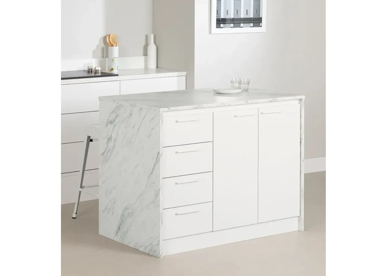 Myro Faux White Marble and White Kitchen Island - South Shore