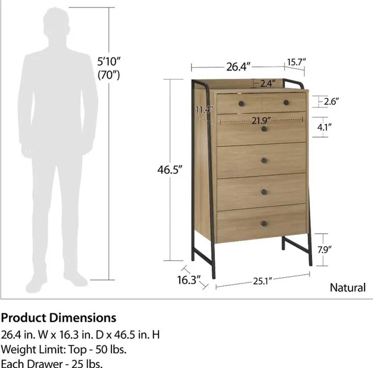 Bushwick Natural 5 Drawer Chest of Drawers