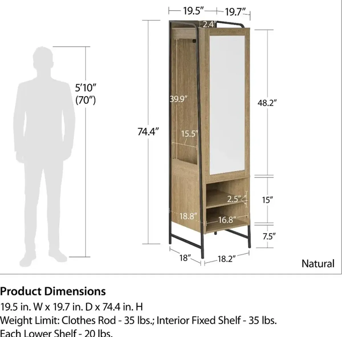 Bushwick Natural Wardrobe with Mirror