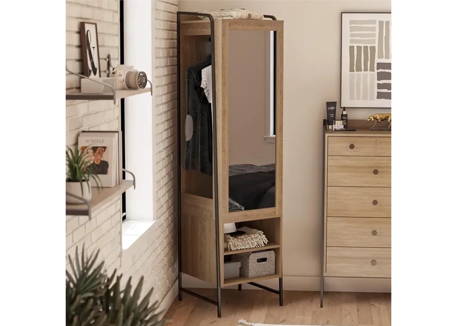 Bushwick Natural Wardrobe with Mirror