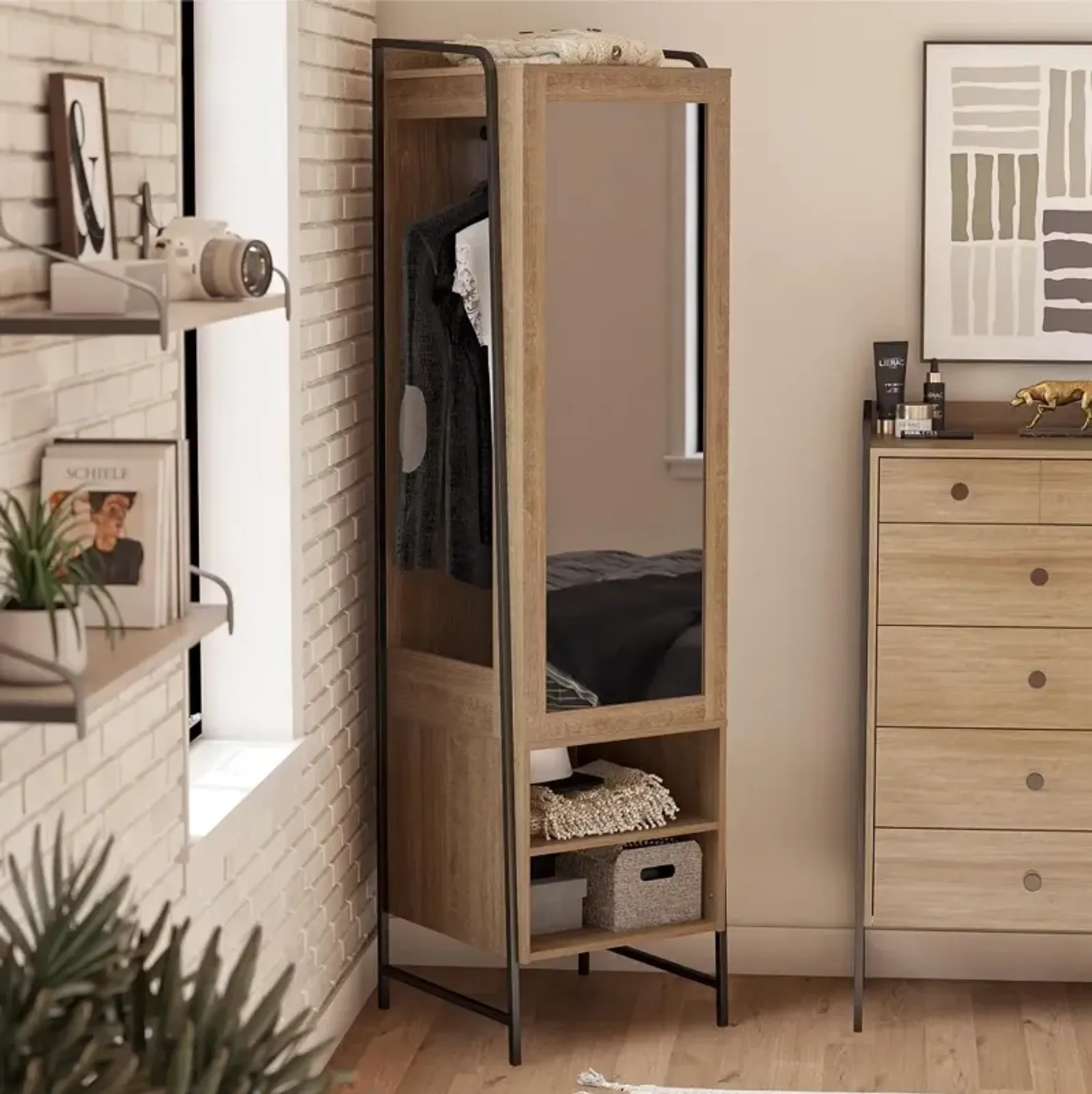 Bushwick Natural Wardrobe with Mirror