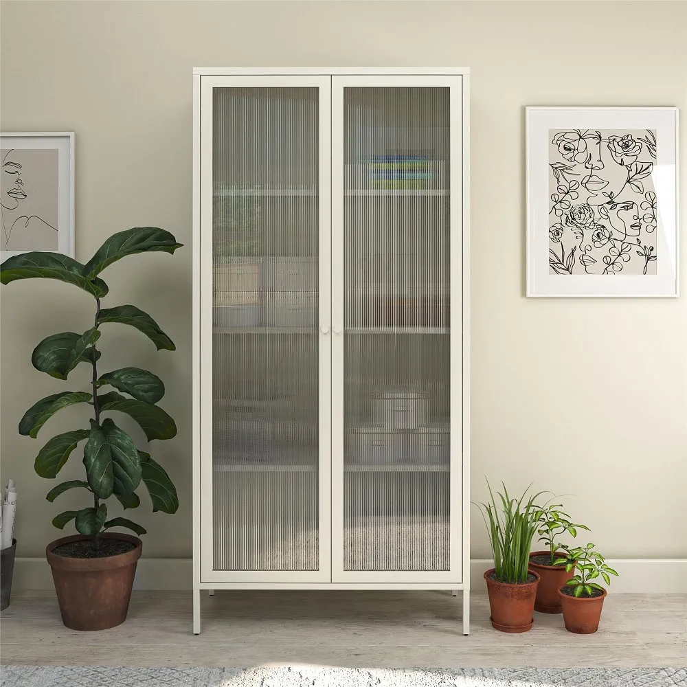 Ashbury White Tall Storage Cabinet with Fluted Glass Doors