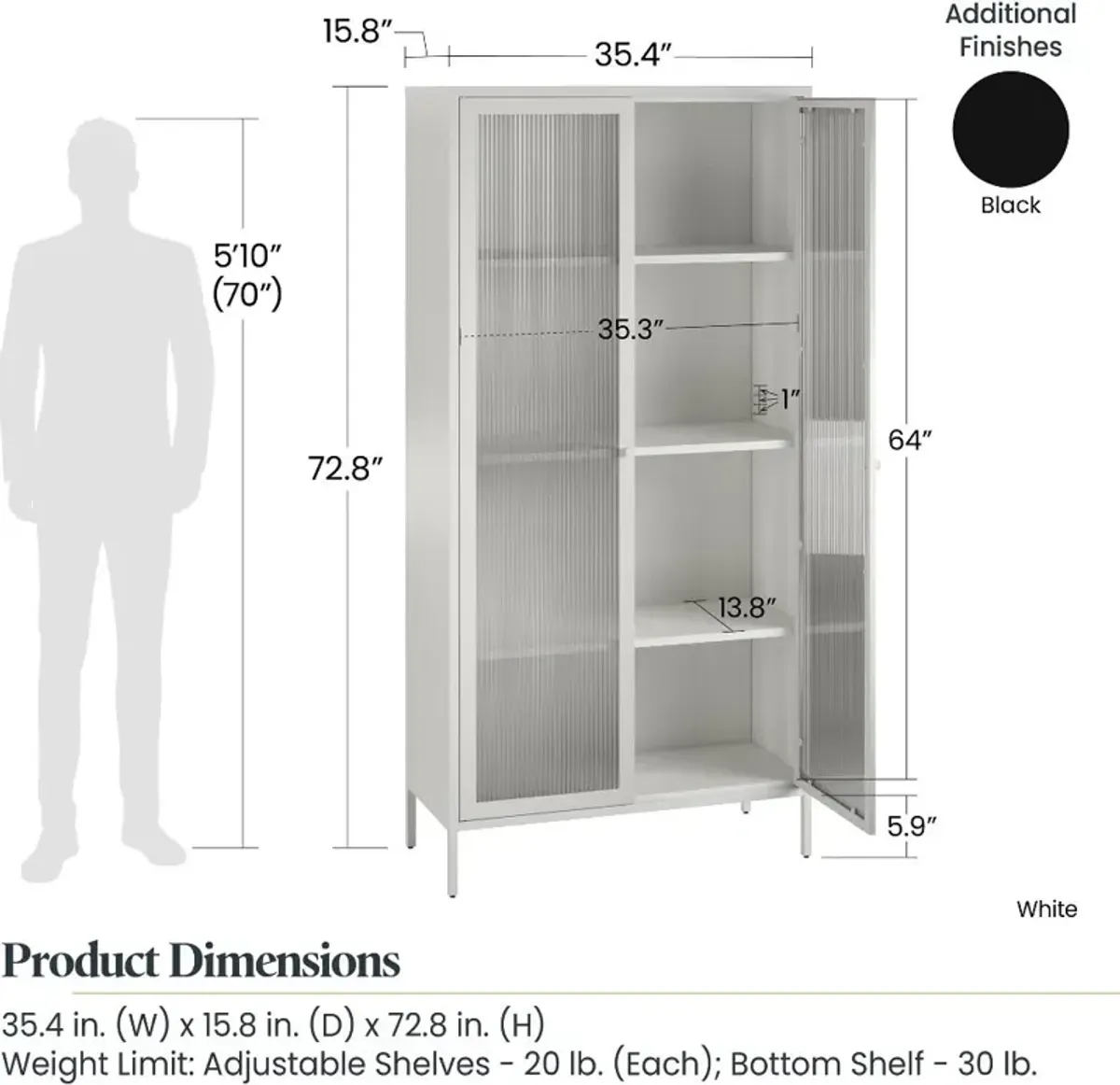 Ashbury Black Tall Storage Cabinet with Fluted Glass Doors