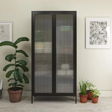 Ashbury Black Tall Storage Cabinet with Fluted Glass Doors