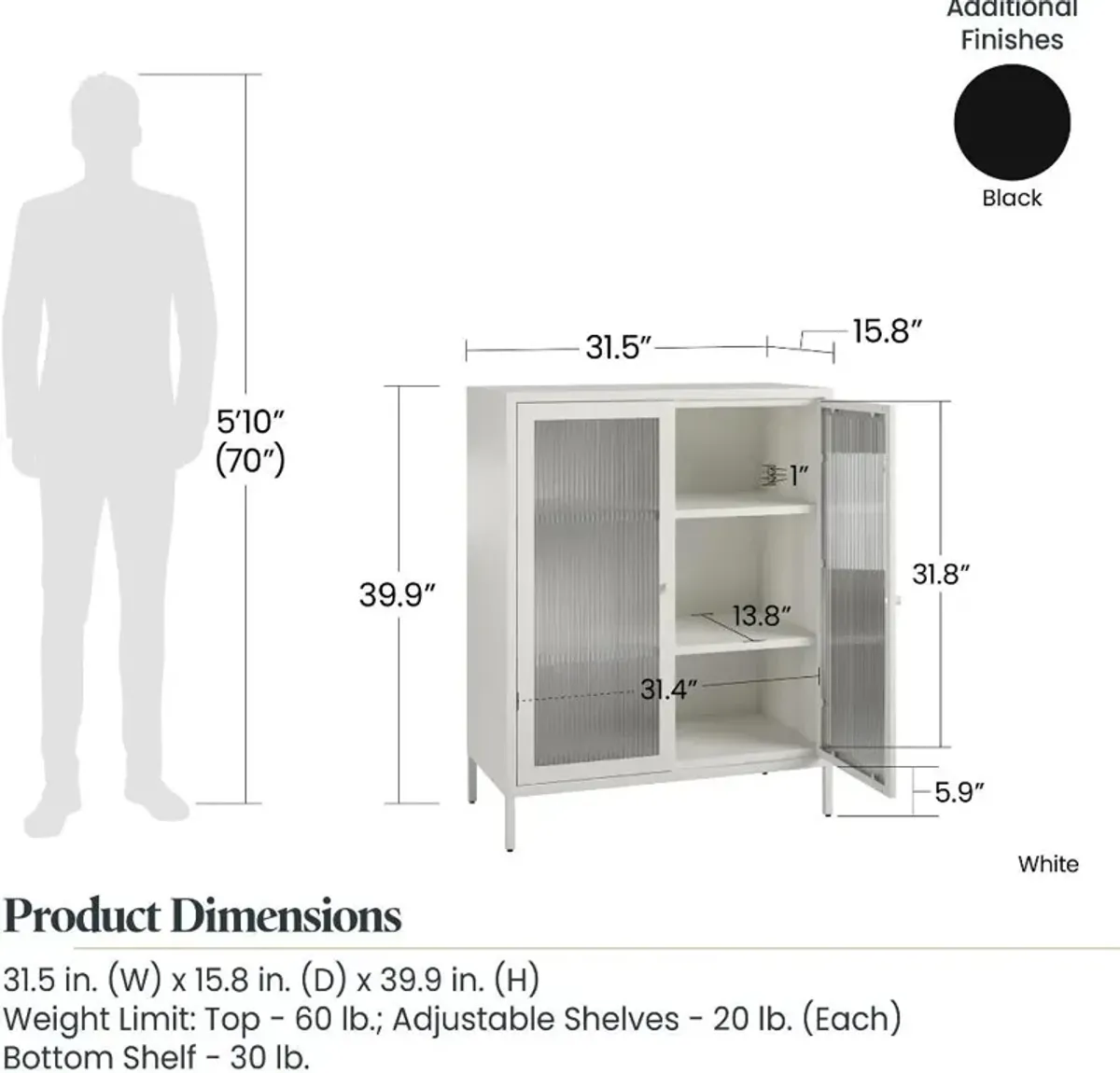 Ashbury White 40"H Accent Cabinet with Fluted Glass Doors