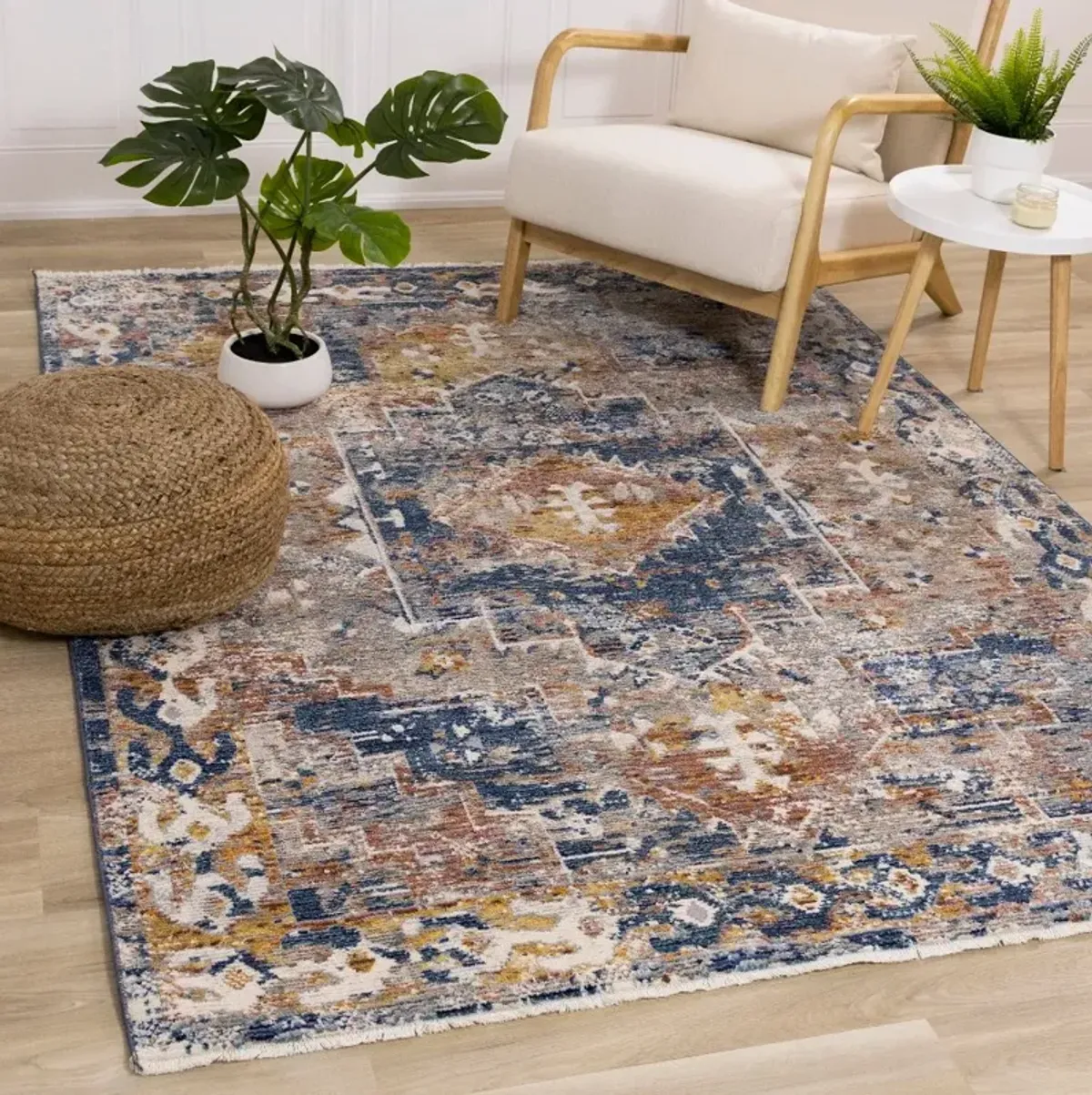 Evora Gray & Blue 5 x 7 Distressed Area Rug