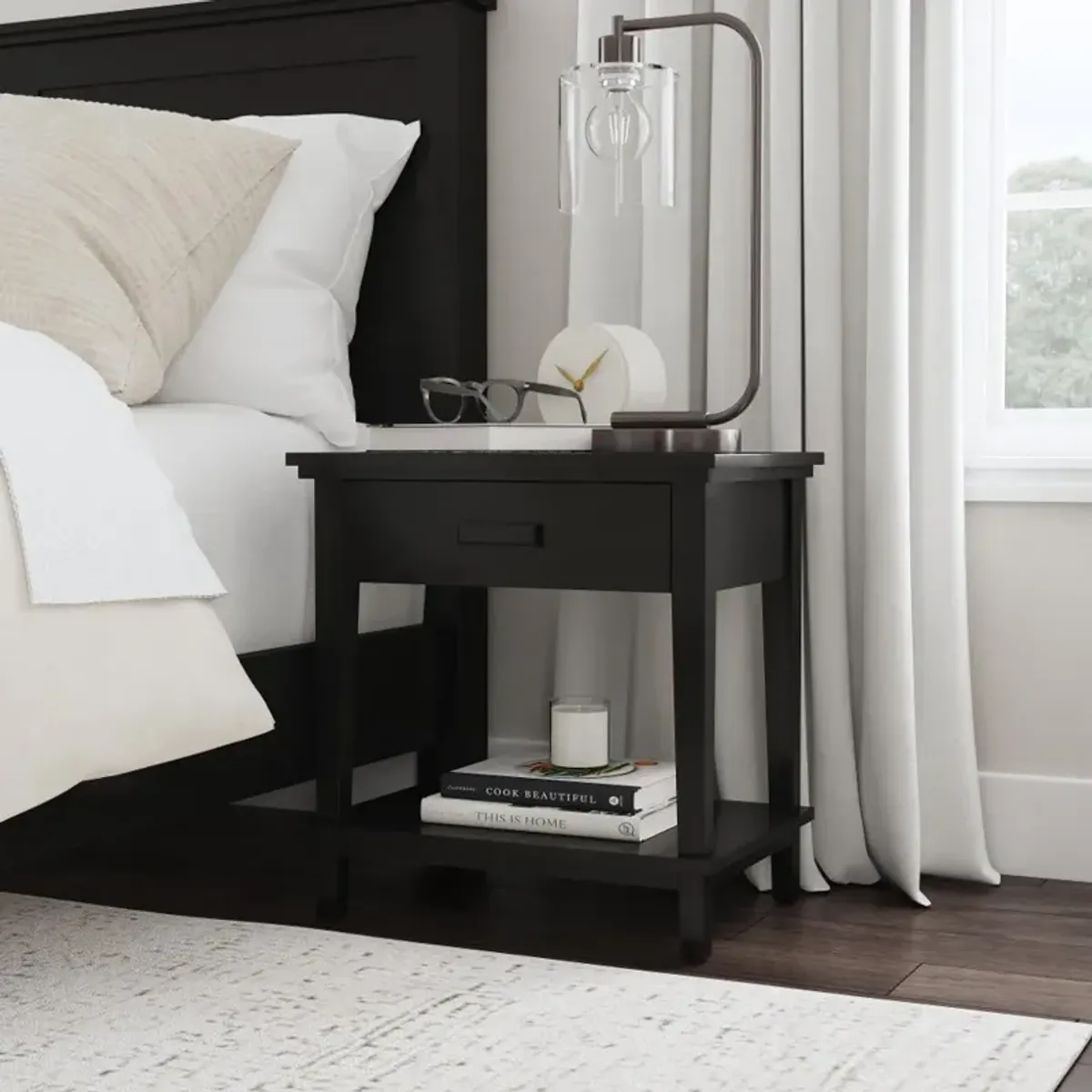 Oak Park Black Nightstand with Open Storage