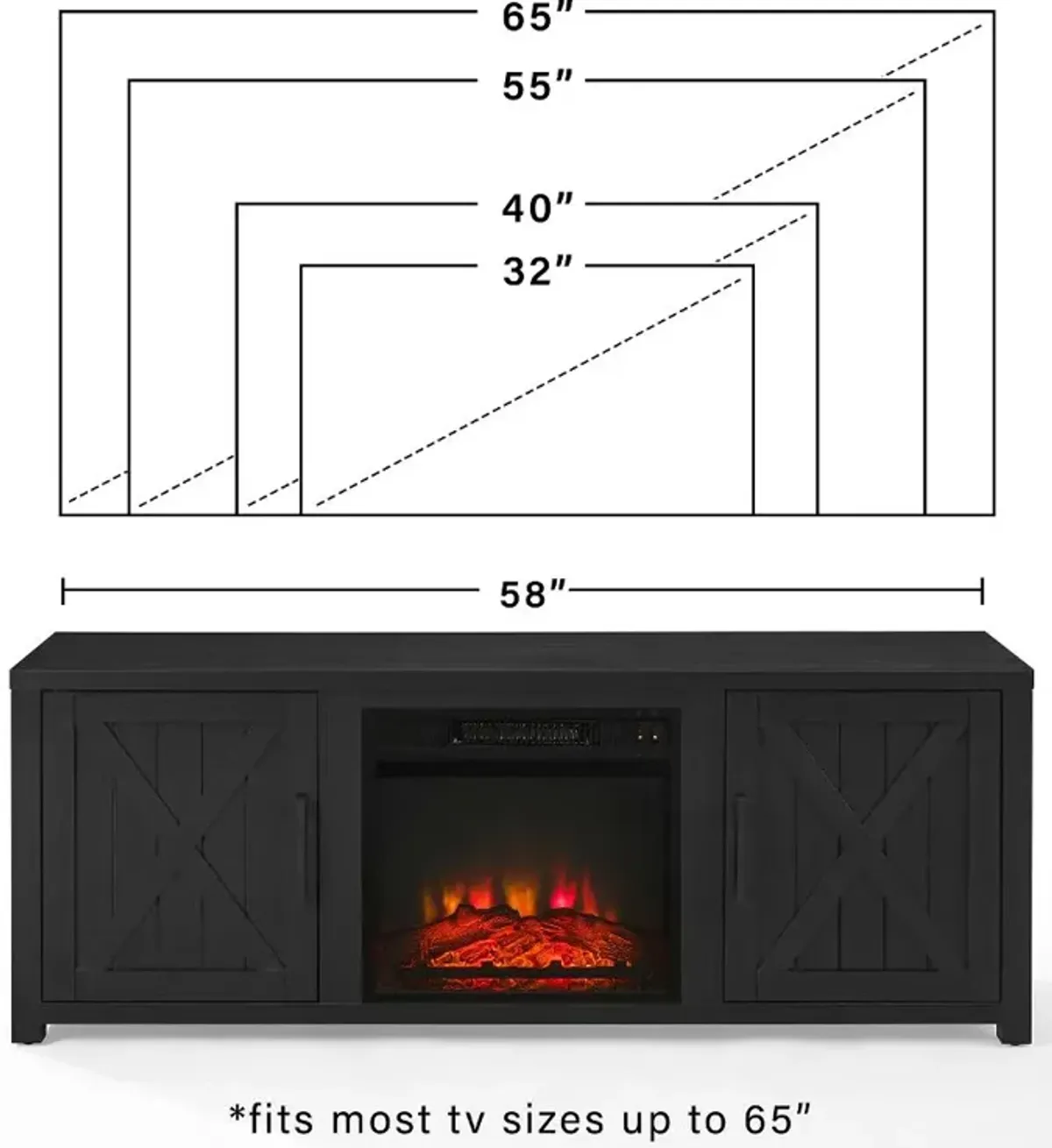 Gordon 58" Black TV Stand with Fireplace